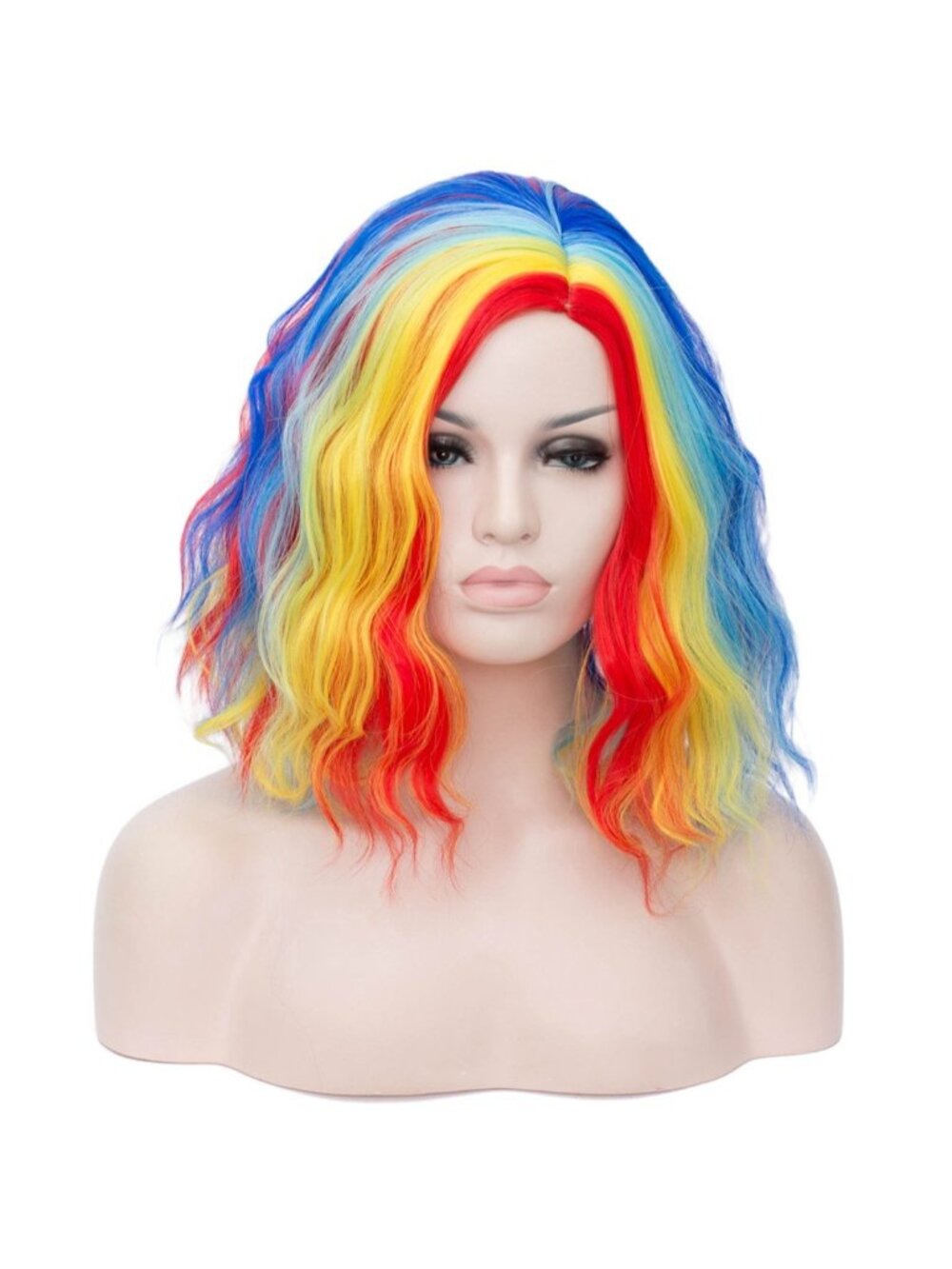 Women Rainbow colored Heat Resitant Wavy Curly Cosplay Halloween Bob Party Wig